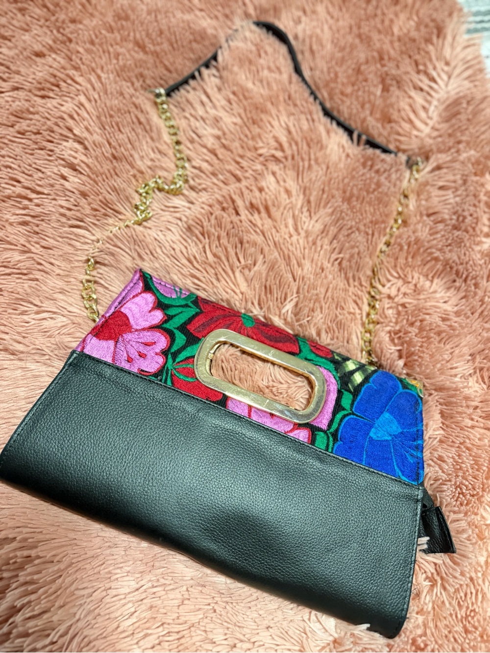Floral Embroidered Black Leather Crossbody Bag